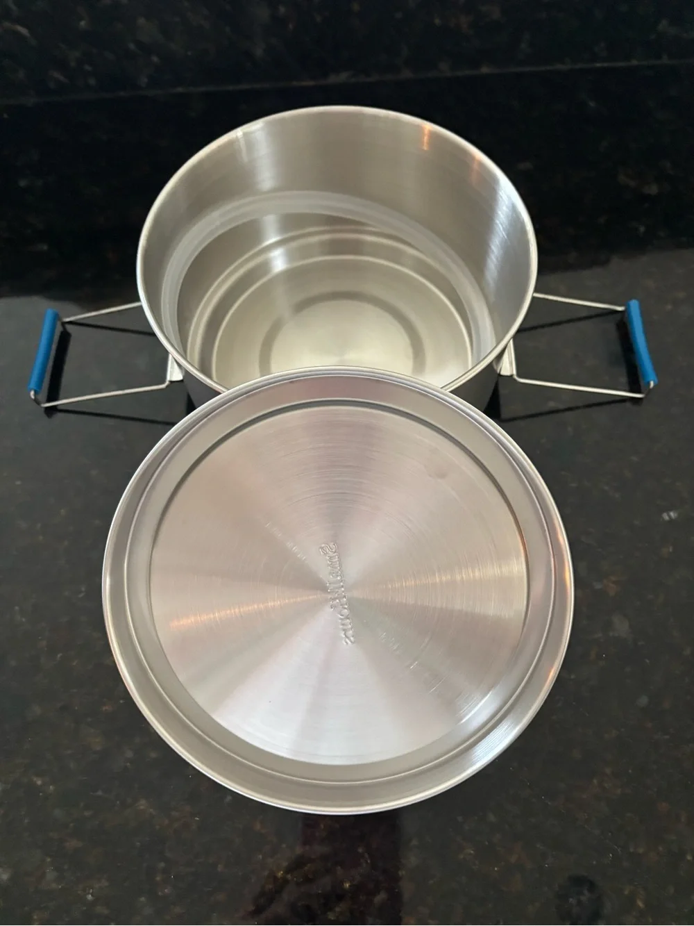 New!  Stainless Steel Container with Blue Handles